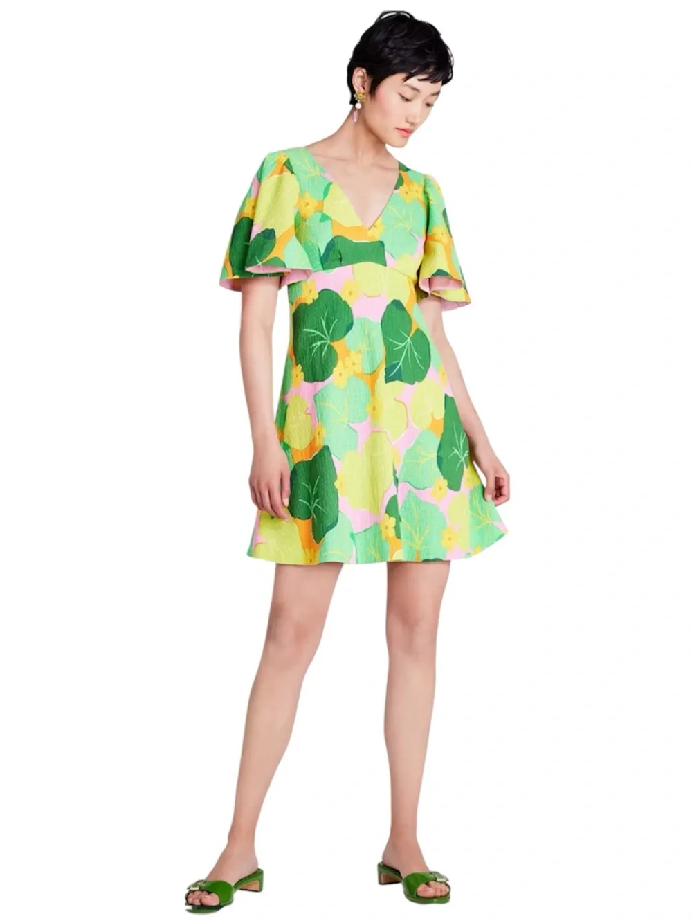 Kate Spade New York Cucumber Floral Pink Green V Neck Flutter Sleeve Mini Dress